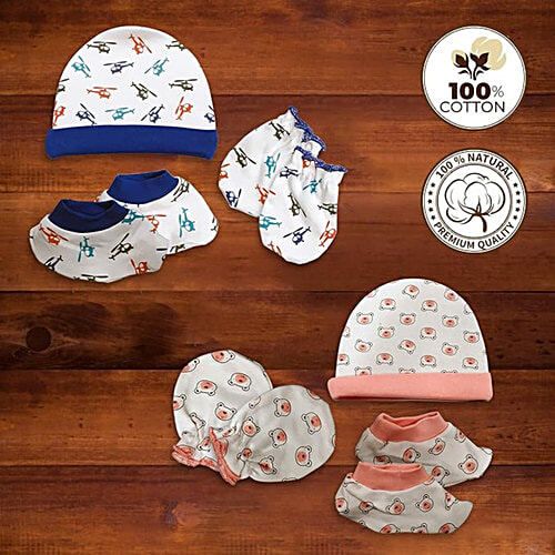 LuvLap 100% Cotton Baby Caps, Mittens, & Booties Combo Set - For 0 To 6 Months, 2 pcs (Set of 3) 