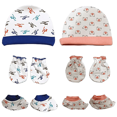 LuvLap 100% Cotton Baby Caps, Mittens, & Booties Combo Set - For 0 To 6 Months, 2 pcs (Set of 3) 