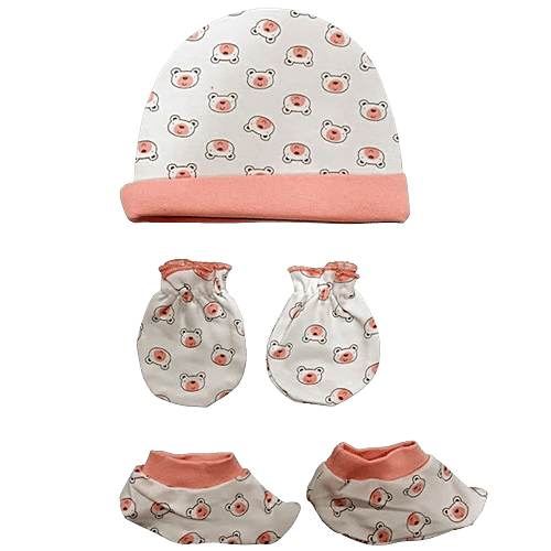 LuvLap 100% Cotton Baby Caps, Mittens, & Booties Combo Set - For 0 To 6 Months, 2 pcs (Set of 3) 