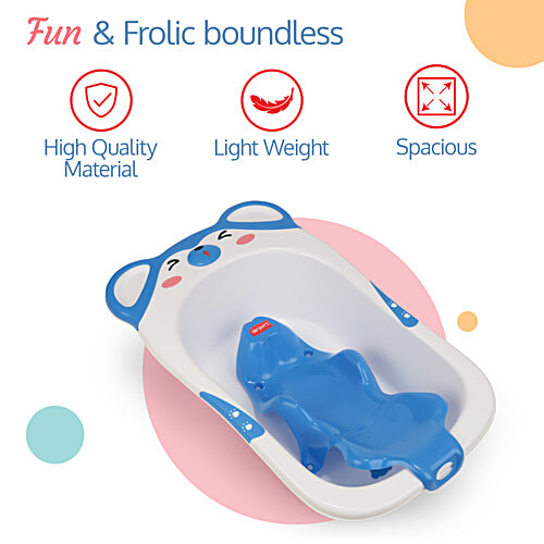 LuvLap Bubble Baby Bathtub - White & Blue & Anti Slip Baby Plastic Bath Chair, Blue, 1 pc Bathtub With Drain Plug, Baby Bath Seat/Sling with Non-Slip Suction Base, Baby Bathing Essential