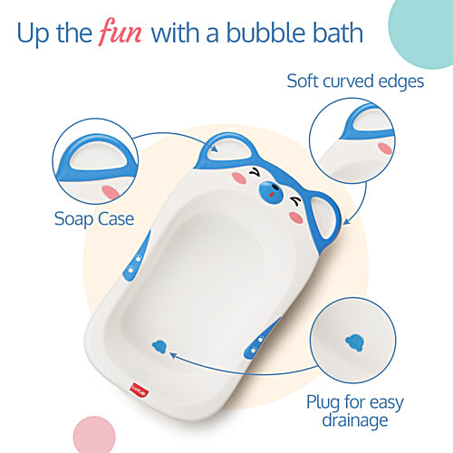 LuvLap Bubble Baby Bathtub - White & Blue & Anti Slip Baby Plastic Bath Chair, Blue, 1 pc Bathtub With Drain Plug, Baby Bath Seat/Sling with Non-Slip Suction Base, Baby Bathing Essential