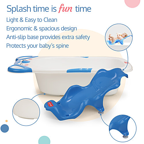 LuvLap Bubble Baby Bathtub - White & Blue & Anti Slip Baby Plastic Bath Chair, Blue, 1 pc Bathtub With Drain Plug, Baby Bath Seat/Sling with Non-Slip Suction Base, Baby Bathing Essential