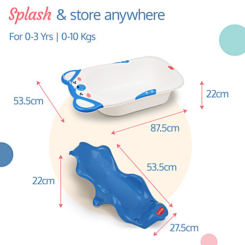 LuvLap Bubble Baby Bathtub - White & Blue & Anti Slip Baby Plastic Bath Chair, Blue, 1 pc Bathtub With Drain Plug, Baby Bath Seat/Sling with Non-Slip Suction Base, Baby Bathing Essential