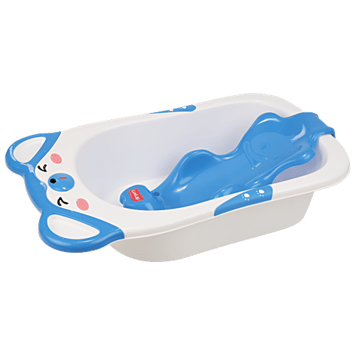 LuvLap Bubble Baby Bathtub - White & Blue & Anti Slip Baby Plastic Bath Chair, Blue, 1 pc Bathtub With Drain Plug, Baby Bath Seat/Sling with Non-Slip Suction Base, Baby Bathing Essential