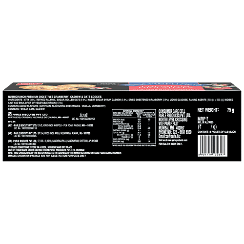 Parle Nutricrunch Premium Digestive - Cranberry, Cashew & Oat Cookies, 75 g
