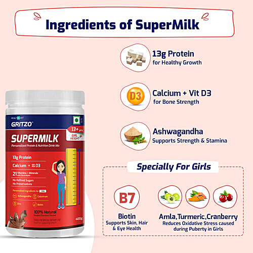 Gritzo SuperMilk Girl Height+ Personalized Protein & Nutrition Drink Mix - 13+ Year Old, Double Chocolate, 400 g  13 g Protein