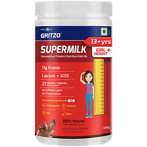 Gritzo SuperMilk Girl Height+ Personalized Protein & Nutrition Drink Mix - 13+ Year Old, Double Chocolate, 400 g  13 g Protein