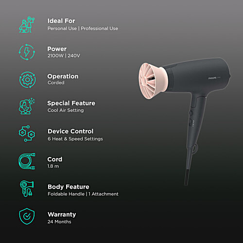 Philips India 3000 Series Hair Dryer With 6 Heat Settings & Cool Air Function (Ionic Technology, Pink & Black), 1 Unit
