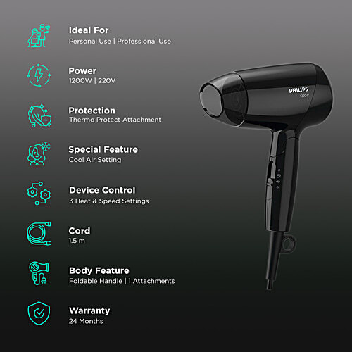 Philips India EssentialCare Hair Dryer With 3 Heat Settings & Cool Air Function (Thermo Protect Technology, Black), 1 Unit