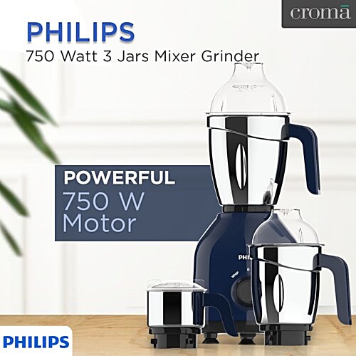 Philips India PHILIPS 750 Watt 3 Jars Mixer Grinder (Turbo Motor, Premium Blue), 1 Unit  