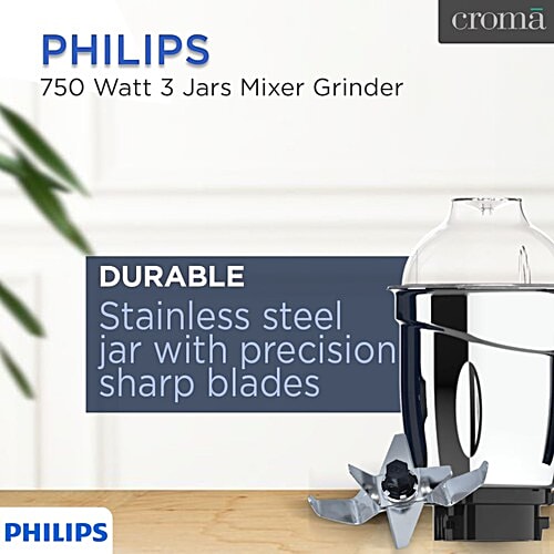 Philips India PHILIPS 750 Watt 3 Jars Mixer Grinder (Turbo Motor, Premium Blue), 1 Unit  