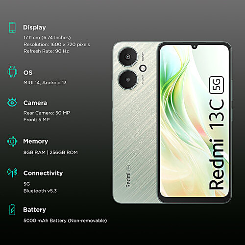 Redmi 13C 5G (8GB RAM, 256GB, Startrail Green), 1 Unit  