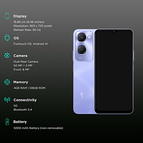 Vivo Y28s 5G (4GB RAM, 128GB, Twinkling Purple), 1 Unit  