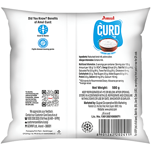 Amul Curd - Creamy & Tasty, 500 g Pouch Dahi, Pasteurised Toned Milk