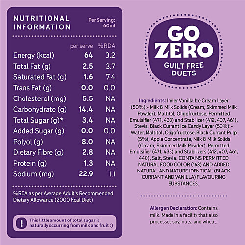 Go Zero Black Currant Guilt Free Duets Ice Cream Bar, 60 ml  No Added Sugar