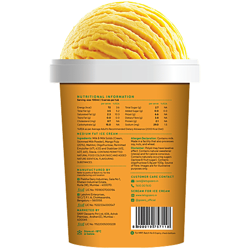 Go Zero Mad Over Mango Guilt Free Ice Cream Tub, 500 ml No Added Sugar