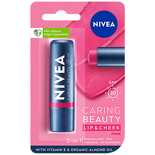 Nivea Caring Beauty Lip & Cheek Balm Tint With SPF 30 - Pink, 4.8 g 3 In 1, Intense Colour, 24-hour Moisture, UV Protection