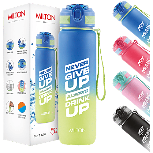 Milton Gen'Z 1000 Water Bottle - Blue, Never Give Up Always Drink Up, 1 L  With Capacity Marker And Straw, BPA Free, Leak Proof, Food Grade