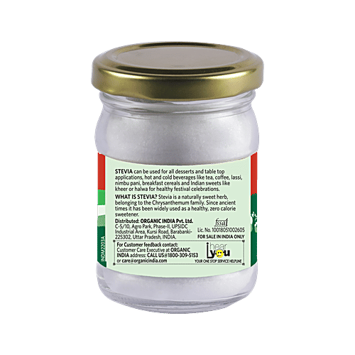 Organic India Stevia Natural Sweetener, 75 g Jar Zero Calories, Healthy Conscious Living, Prevents Cavities & Tooth Decay, No Effect on Blood Sugar Levels