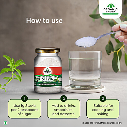 Organic India Stevia Natural Sweetener, 75 g Jar Zero Calories, Healthy Conscious Living, Prevents Cavities & Tooth Decay, No Effect on Blood Sugar Levels
