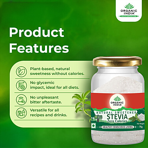 Organic India Stevia Natural Sweetener, 75 g Jar Zero Calories, Healthy Conscious Living, Prevents Cavities & Tooth Decay, No Effect on Blood Sugar Levels