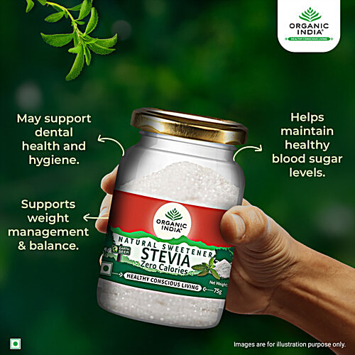 Organic India Stevia Natural Sweetener, 75 g Jar Zero Calories, Healthy Conscious Living, Prevents Cavities & Tooth Decay, No Effect on Blood Sugar Levels