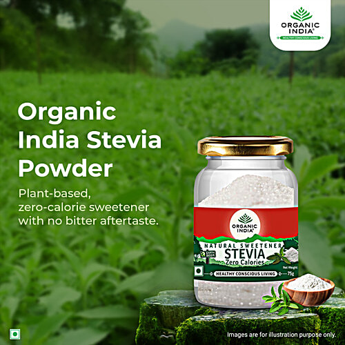 Organic India Stevia Natural Sweetener, 75 g Jar Zero Calories, Healthy Conscious Living, Prevents Cavities & Tooth Decay, No Effect on Blood Sugar Levels