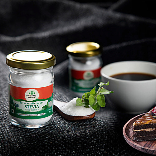Organic India Stevia Natural Sweetener, 75 g Jar Zero Calories, Healthy Conscious Living, Prevents Cavities & Tooth Decay, No Effect on Blood Sugar Levels