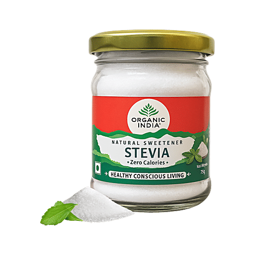 Organic India Stevia Natural Sweetener, 75 g Jar Zero Calories, Healthy Conscious Living, Prevents Cavities & Tooth Decay, No Effect on Blood Sugar Levels