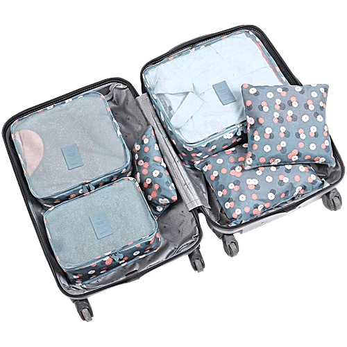 Pearlfiesta Laundry Pouch Travel Storage Polyester Printed Clothes Packing Cubes Space Savers Bags - Grey Flower, 6 pcs  Cosmetics, Socks, Shoes Organizer Pouch