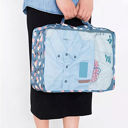 Pearlfiesta Laundry Pouch Travel Storage Polyester Printed Clothes Packing Cubes Space Savers Bags - Grey Flower, 6 pcs  Cosmetics, Socks, Shoes Organizer Pouch