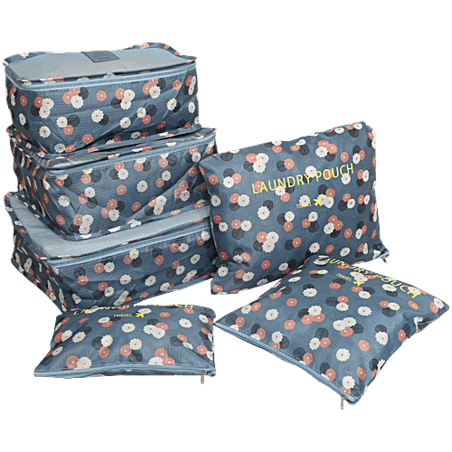 Pearlfiesta Laundry Pouch Travel Storage Polyester Printed Clothes Packing Cubes Space Savers Bags - Grey Flower, 6 pcs  Cosmetics, Socks, Shoes Organizer Pouch