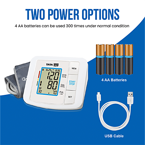 Tata 1mg Digital Blood Pressure Monitor - Fully Automatic Upper Arm Style, With USB Cable Charging, 1 pc  Large LCD, , Memory Of 90 Sets For Up To 2 Users