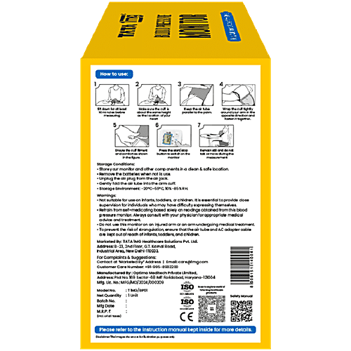 Tata 1mg Digital Blood Pressure Monitor - Fully Automatic Upper Arm Style, With USB Cable Charging, 1 pc  Large LCD, , Memory Of 90 Sets For Up To 2 Users