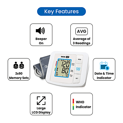 Tata 1mg Digital Blood Pressure Monitor - Fully Automatic Upper Arm Style, With USB Cable Charging, 1 pc  Large LCD, , Memory Of 90 Sets For Up To 2 Users