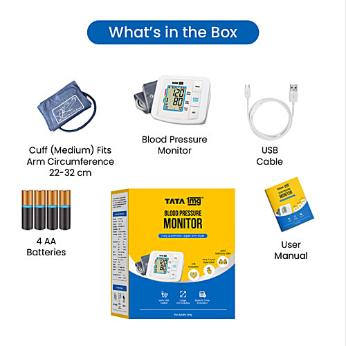 Tata 1mg Digital Blood Pressure Monitor - Fully Automatic Upper Arm Style, With USB Cable Charging, 1 pc  Large LCD, , Memory Of 90 Sets For Up To 2 Users
