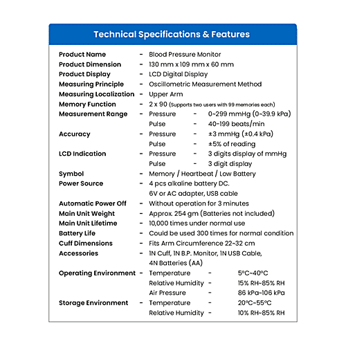 Tata 1mg Digital Blood Pressure Monitor - Fully Automatic Upper Arm Style, With USB Cable Charging, 1 pc  Large LCD, , Memory Of 90 Sets For Up To 2 Users