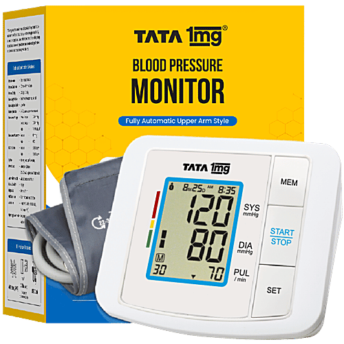 Tata 1mg Digital Blood Pressure Monitor - Fully Automatic Upper Arm Style, With USB Cable Charging, 1 pc  Large LCD, , Memory Of 90 Sets For Up To 2 Users