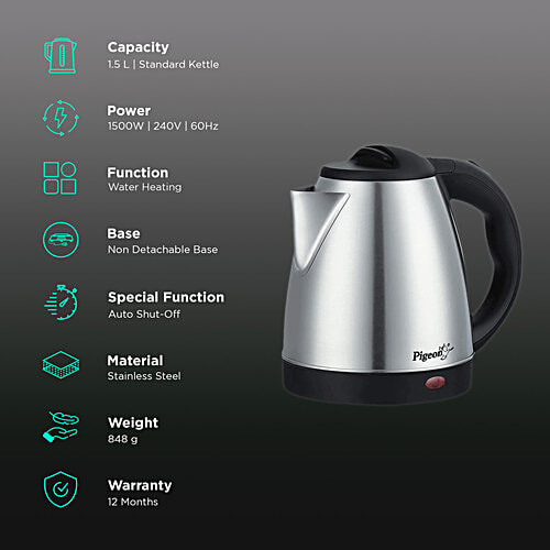 Pigeon Pigeon 1300 Watt 1.5 Litre Electric Kettle with Auto Shut Off (Silver), 1 Unit  