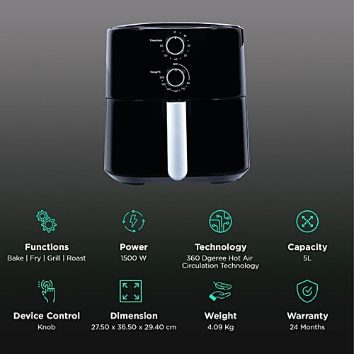 Croma Croma 5L 1500 Watt Air Fryer with 360 Degree Air Circulation (Black), 1 Unit  