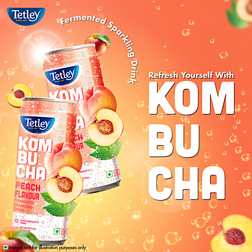 Tetley Kombucha Peach Flavoured Fermented Sparkling Drink, 250 ml  Ready To Drink, With Prebiotic Fibre & No Artificial Flavour