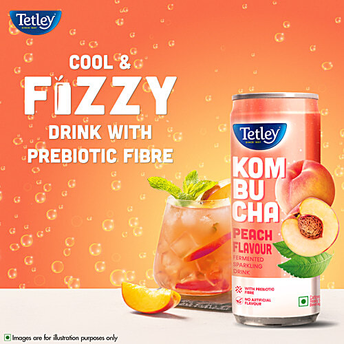 Tetley Kombucha Peach Flavoured Fermented Sparkling Drink, 250 ml  Ready To Drink, With Prebiotic Fibre & No Artificial Flavour