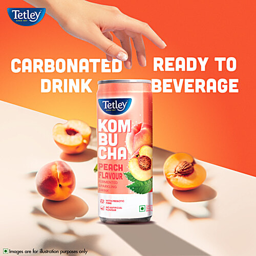 Tetley Kombucha Peach Flavoured Fermented Sparkling Drink, 250 ml  Ready To Drink, With Prebiotic Fibre & No Artificial Flavour