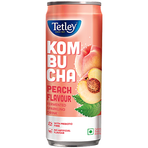 Tetley Kombucha Peach Flavoured Fermented Sparkling Drink, 250 ml  Ready To Drink, With Prebiotic Fibre & No Artificial Flavour