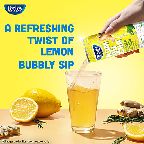 Tetley Kombucha Ginger Lemon Fermented Sparkling Drink, 250 ml Ready To Drink, With Prebiotic Fibre, No Artificial Flavour