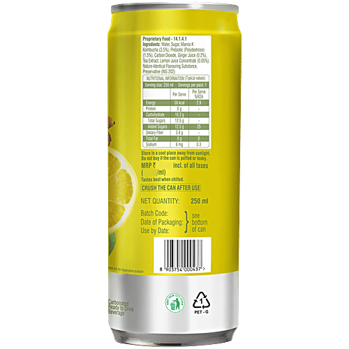 Tetley Kombucha Ginger Lemon Fermented Sparkling Drink, 250 ml Ready To Drink, With Prebiotic Fibre, No Artificial Flavour