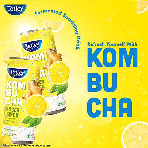 Tetley Kombucha Ginger Lemon Fermented Sparkling Drink, 250 ml Ready To Drink, With Prebiotic Fibre, No Artificial Flavour