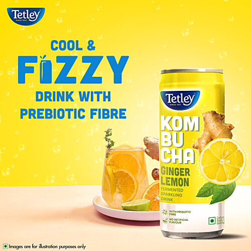 Tetley Kombucha Ginger Lemon Fermented Sparkling Drink, 250 ml Ready To Drink, With Prebiotic Fibre, No Artificial Flavour