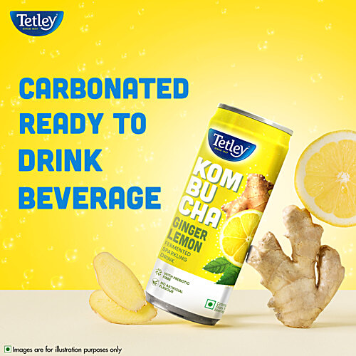 Tetley Kombucha Ginger Lemon Fermented Sparkling Drink, 250 ml Ready To Drink, With Prebiotic Fibre, No Artificial Flavour