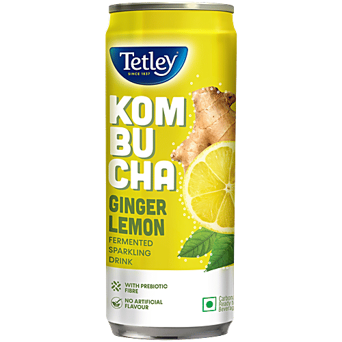 Tetley Kombucha Ginger Lemon Fermented Sparkling Drink, 250 ml Ready To Drink, With Prebiotic Fibre, No Artificial Flavour